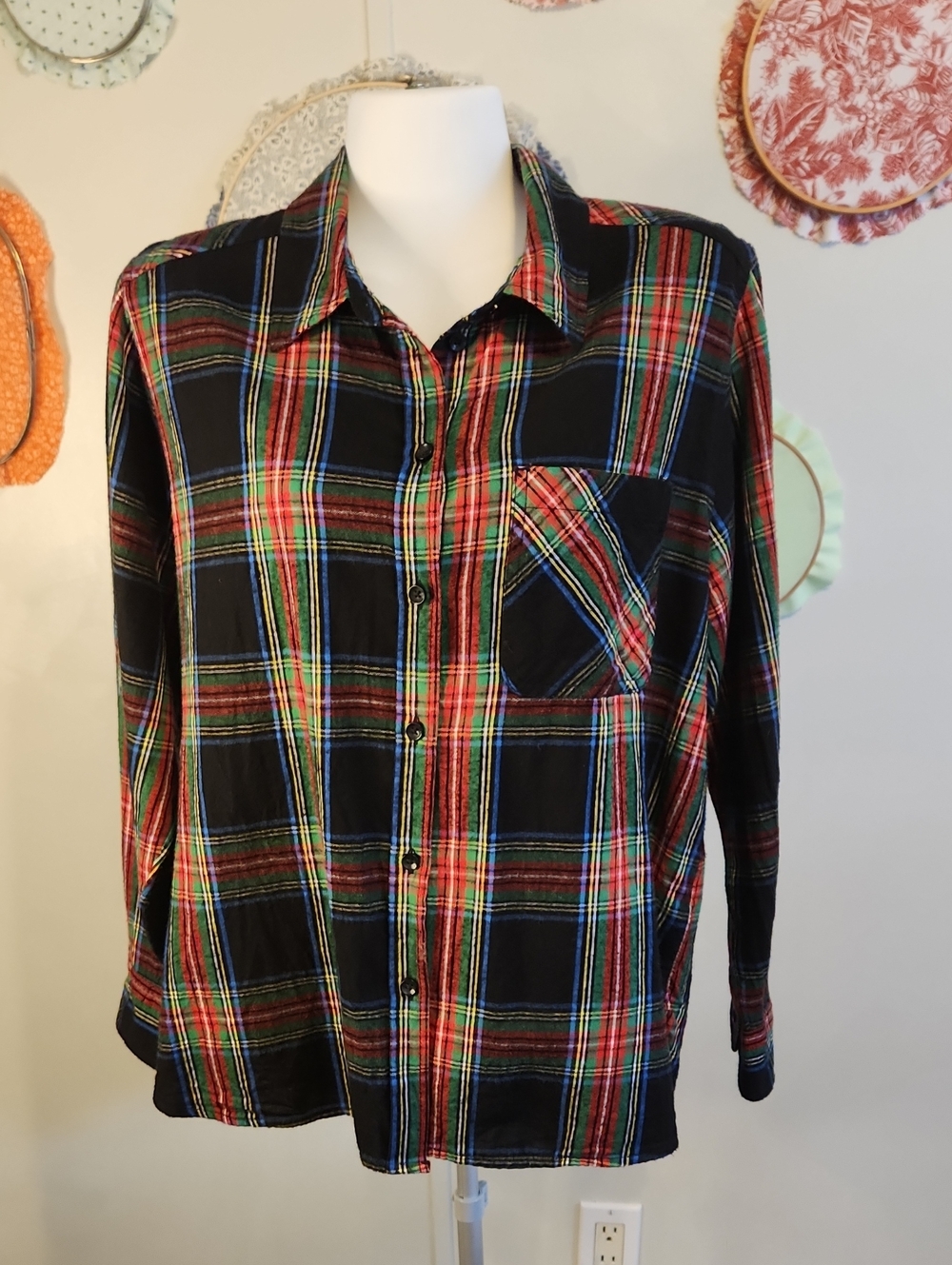 AND Black Plaid Shirt with Red and Green Stripes